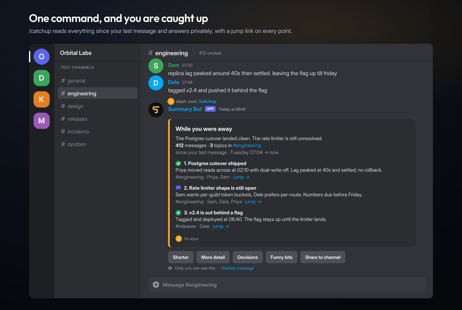 Summary Bot catch-up card in Discord showing a concise recap, source links, and covered message count