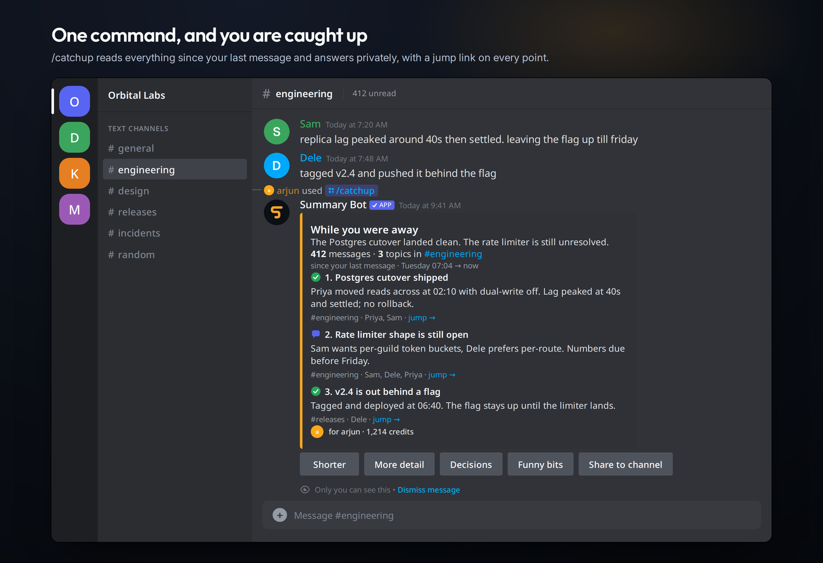 A Summary Bot catch-up turns 412 unread messages into three linked topics.