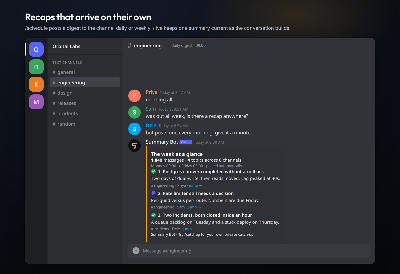 A weekly Summary Bot digest delivered automatically in Discord.